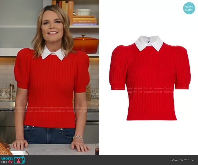 Alice + Olivia Chase Cable-Knit Puff-Sleeve Sweater in Perfect Ruby White worn by Savannah Guthrie on Today