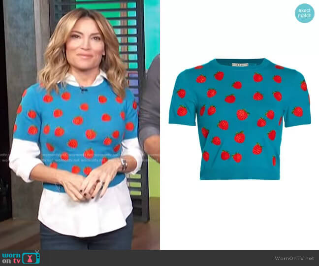 Alice + Olivia Ciara Embroidered Strawberry Cropped Sweater worn by Kit Hoover on Access Hollywood