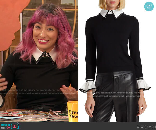Alice + Olivia Justina Woven Combo Long-Sleeve Pullover worn by Melissa Villasenor on The Drew Barrymore Show