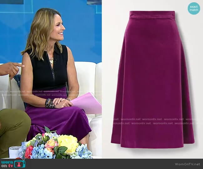 Aross Girl x Soler Alma Cotton-Velvet Midi Skirt worn by Savannah Guthrie on Today