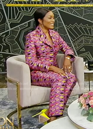 Angela Bassett's pink geometric print blazer and pants on Tamron Hall Show