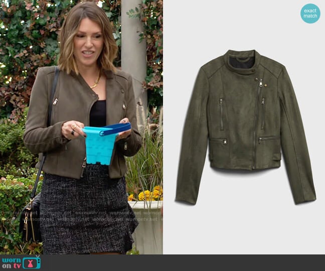 Banana Republic Vegan Suede Quilted Biker Jacket worn by Chloe Mitchell (Elizabeth Hendrickson) on The Young and the Restless