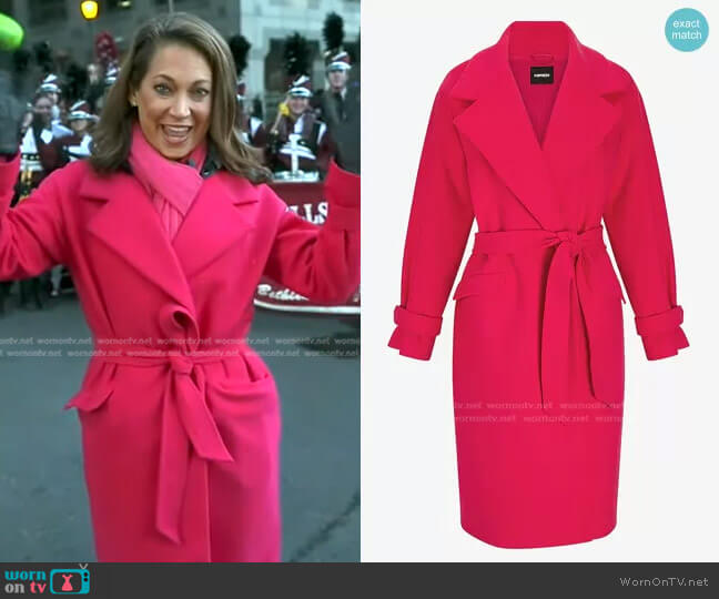 Belted Wrap Front Faux Wool Coat in Flamingo Pink by Express worn by Ginger Zee on Good Morning America
