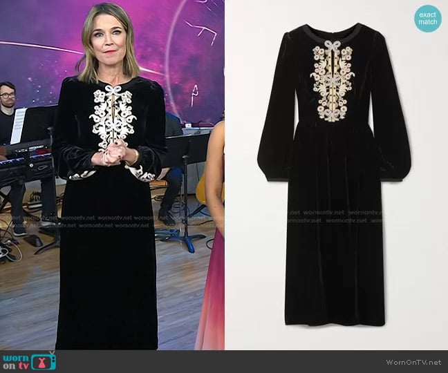 Camille Embellished Embroidered Velvet Midi Dress by Saloni worn by Savannah Guthrie on Today