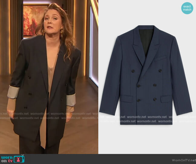 WornOnTV: Drew’s pinstripe blazer and tie neck blouse on The Drew ...