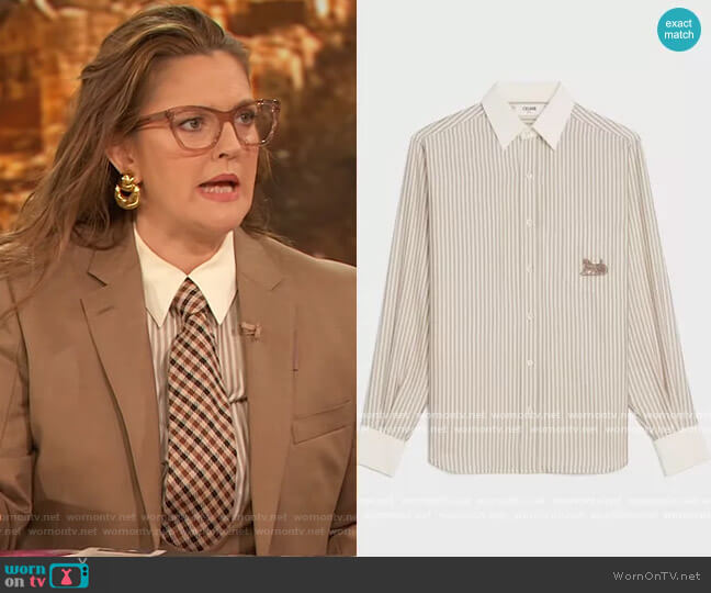 Celine Loose Shirt in Striped Silk Blouse worn by Drew Barrymore on The Drew Barrymore Show