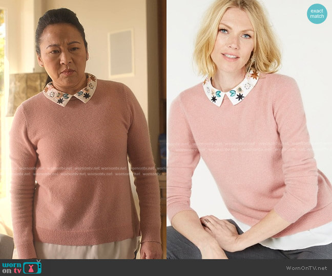 Charter Club Cashmere Layered Sweater with Beaded Collar worn by Karen (Suzy Nakamura) on Dead to Me