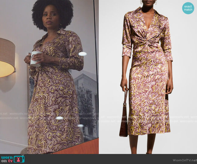 Cinq a Sept Dayna Printed Twill Gathered Midi Dress worn by Amara Patterson (Kelly Jenrette) on All American Homecoming