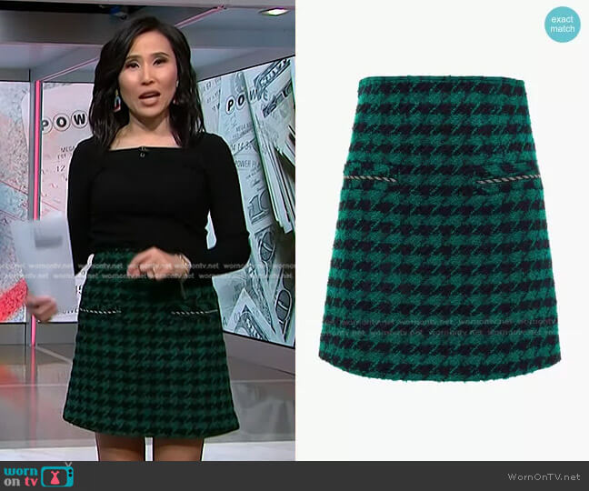 Sandro Claudie Embellished Houndstooth Bouclé-Tweed Mini Skirt worn by Vicky Nguyen on NBC News Daily