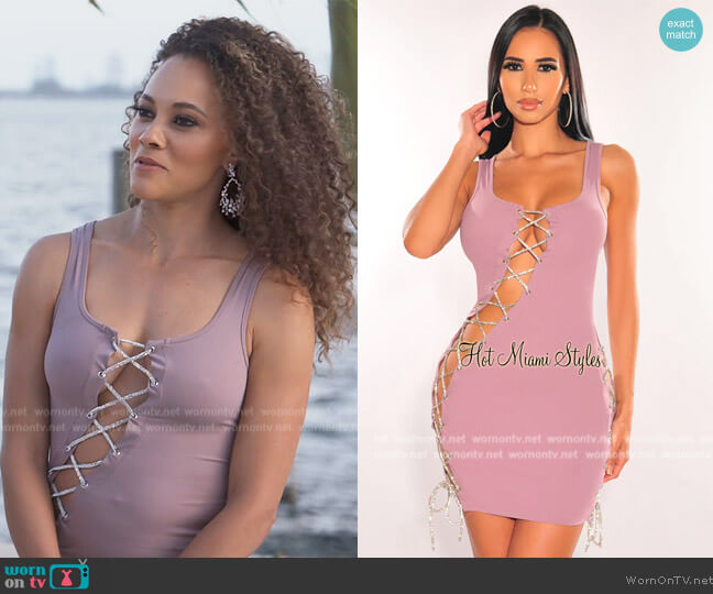 Hot Miami Styles Dusty Lavender Silver Studded Lace Up Dress worn by Ashley Darby on The Real Housewives of Potomac
