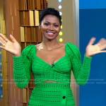 Emayatzy Corinealdi’s green dot cropped top and skirt on Good Morning America