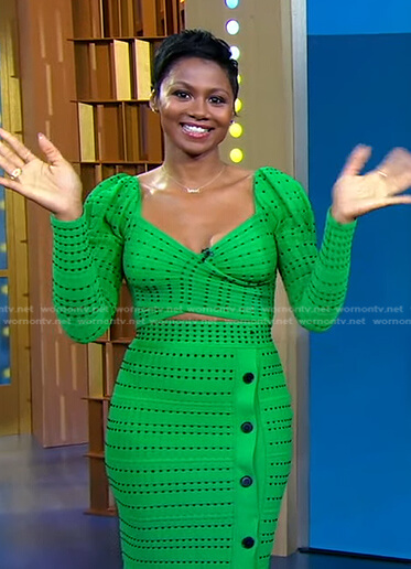 Emayatzy Corinealdi's green dot cropped top and skirt on Good Morning America