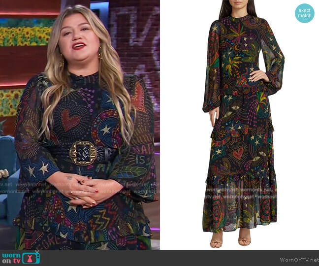Farm Rio Amazonia Puff-Sleeve Printed Maxi Dress worn by Kelly Clarkson on The Kelly Clarkson Show