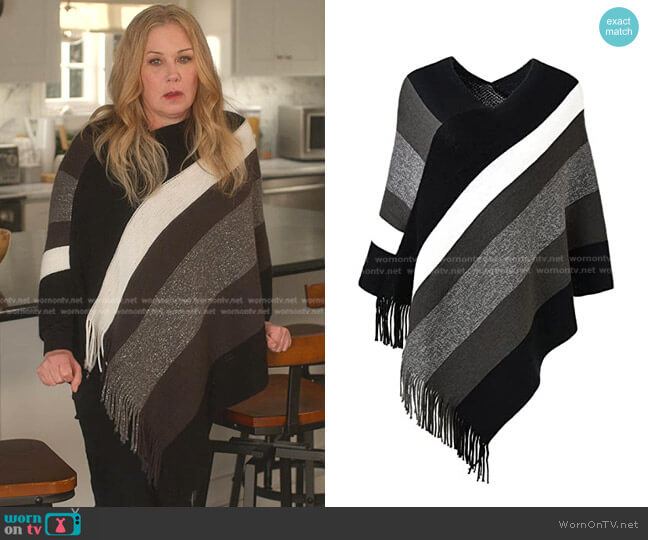 Ferand Knitted Poncho Top with Stripe Patterns and Fringed Sides worn by Jen Harding (Christina Applegate) on Dead to Me