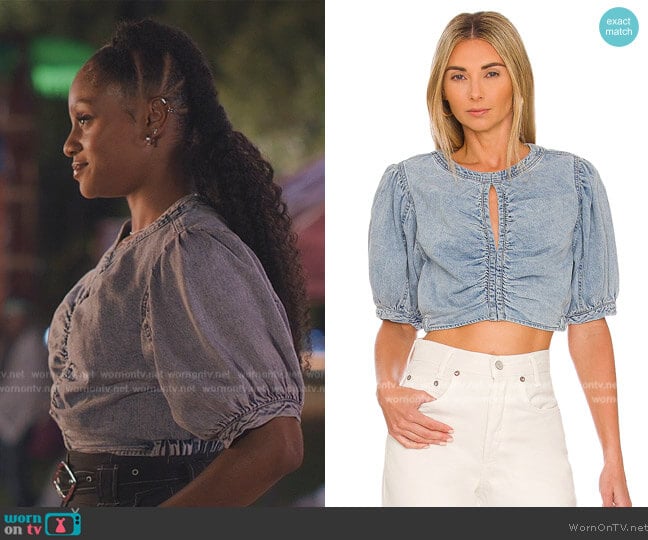 Free People x We The Free Eloise Denim Crop Top worn by Simone (Geffri Hightower) on All American Homecoming