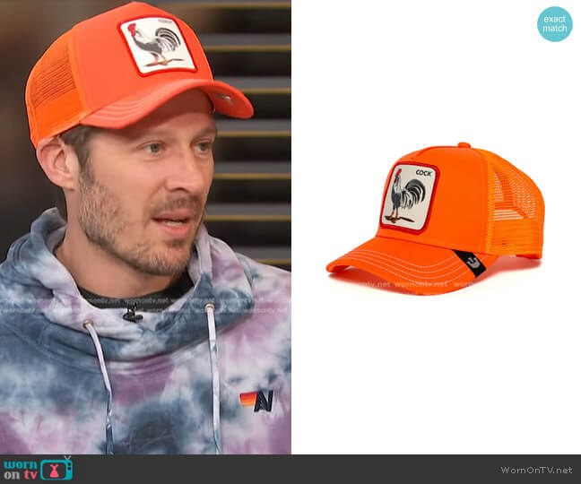 Goorin Bros. Rooster Hot Male Orange Trucker Hat worn by Zach Gilford on Access Hollywood
