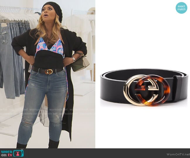 Gucci Calfskin Tortoise Gold Interlocking G Belt worn by Gizelle Bryant on The Real Housewives of Potomac