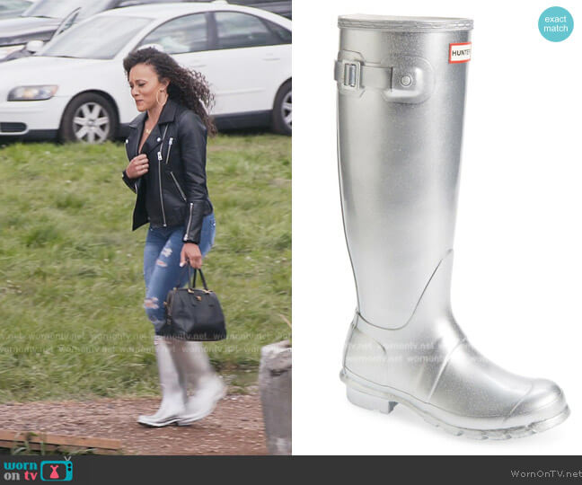 Cosmic Rain Boots by Hunter in Glitter Silver worn by Ashley Darby on The Real Housewives of Potomac