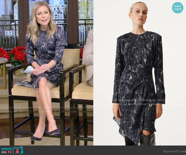 IRO Zimber Print Dress with Shoulder Pads worn by Kelly Ripa on Live with Kelly and Mark