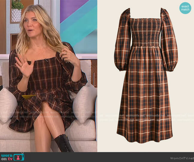 J. Crew Smocked puff-sleeve dress in Friday plaid worn by Amanda Kloots on The Talk
