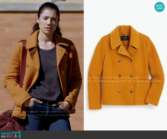 J. Crew Boiled Wool Peacoat in Warm Caramel worn by Violet Mikami (Hanako Greensmith) on Chicago Fire