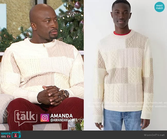 J. Crew Patchwork cable-knit sweater in wool-cashmere-lambswool worn by Akbar Gbajabiamila on The Talk