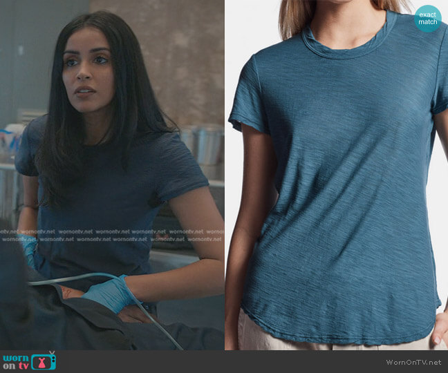 James Perse Sheer Slub Crew Neck Tee in Cerulean worn by Saanvi (Parveen Kaur) on Manifest