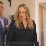 Jen’s navy v-neck satin blouse on Dead to Me