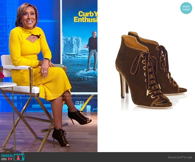 Jimmy Choo Amber Velvet Peep Toe Booties worn by Robin Roberts on Good Morning America