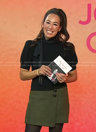 Joanna Gaines’s black tie neck top and green skirt on Today