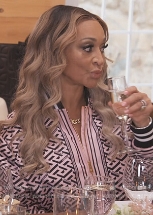 Karen's pink logo bomber jacket on The Real Housewives of Potomac