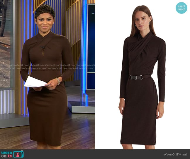 Jericka’s brown cross neck sheath dress on CBS Evening News