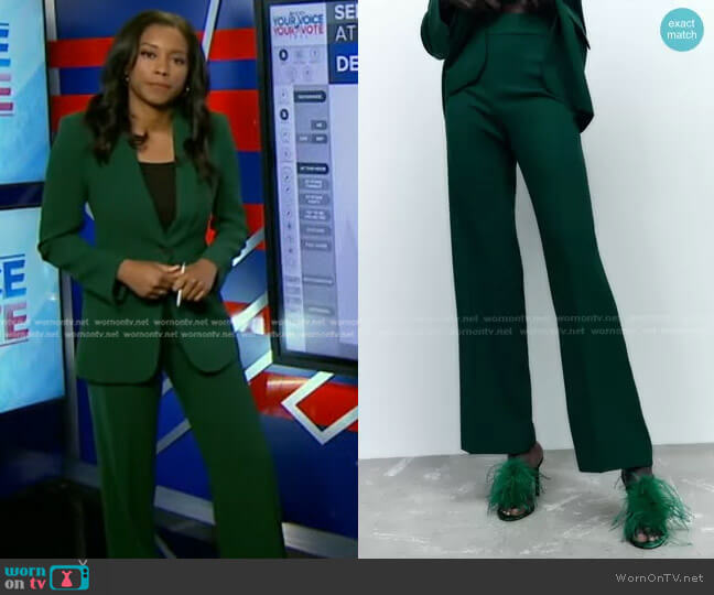 Zara Long Flowy Pants in Green worn by Rachel Scott on Good Morning America