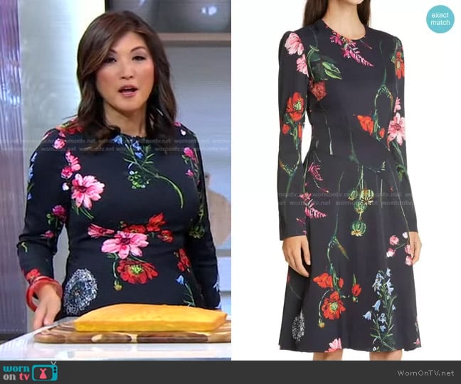 Long Sleeve Seamed Floral Crepe A-Line Dress by Lela Rose worn by Juju Chang on Good Morning America