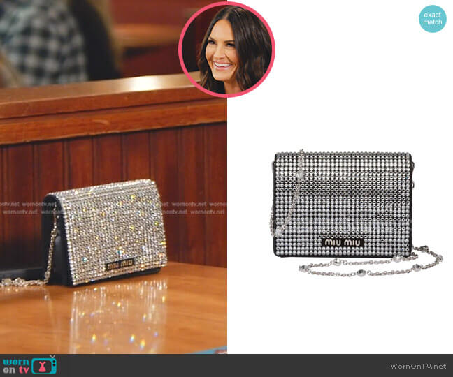 Miu Miu Starlight Crystal-Embellished Clutch worn by Lisa Barlow on The Real Housewives of Salt Lake City
