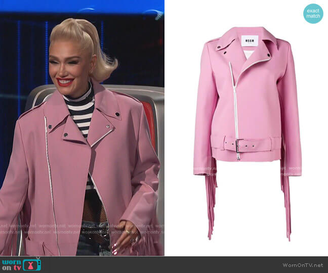 MSGM Fringed Biker Jacket in Pink worn by Gwen Stefani on The Voice