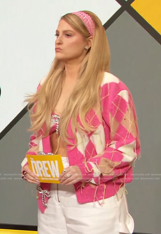 Meghan Trainor’s pink embellished cardigan on The Drew Barrymore Show