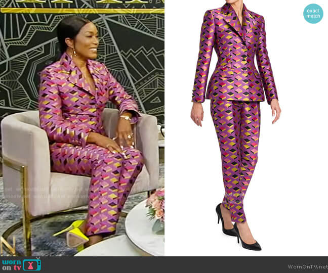 Moschino Single-Breasted Cube-Print Blazer and Pants worn by Angela Bassett on Tamron Hall Show