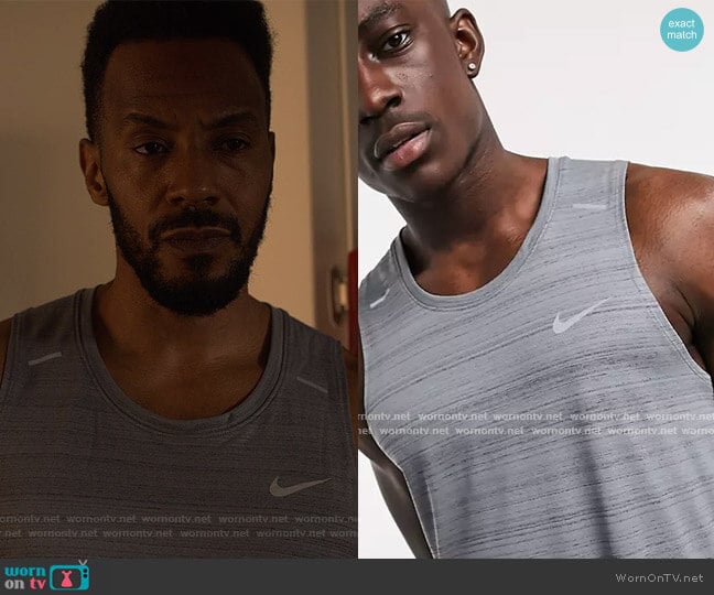 Nike Running miler tank top in gray worn by McKinley Freeman (McKinley Freeman) on Reasonable Doubt