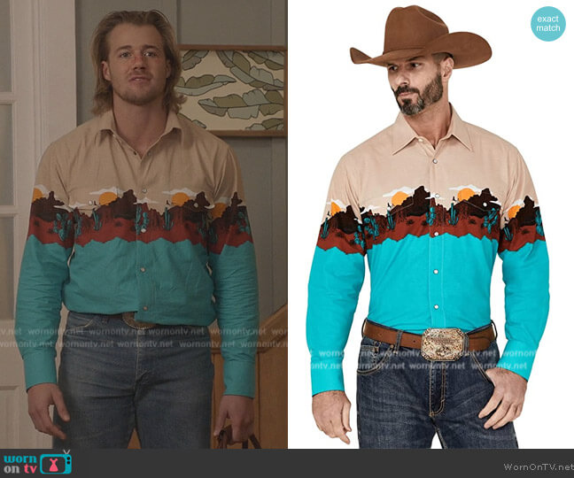 Panhandle Turquoise Scenic Border Print Western Shirt worn by JJ Parker ( Hunter Clowdus) on All American