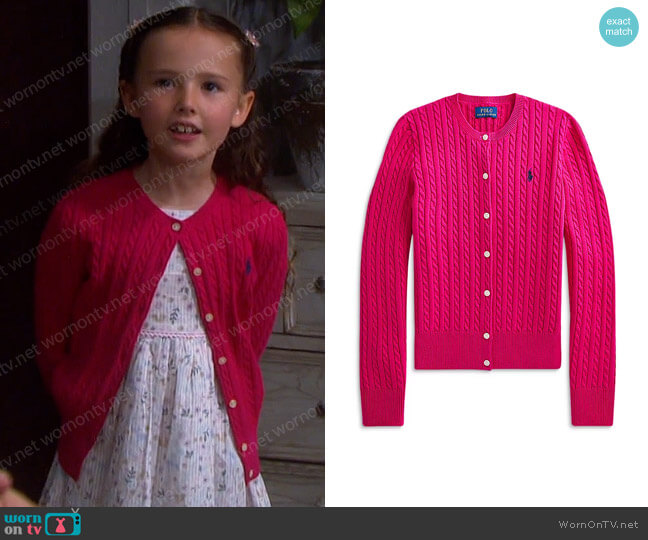 Polo Ralph Lauren Girls' Cable Knit Cotton Cardigan worn by Rachel Black (Finley Rose Slater) on Days of our Lives