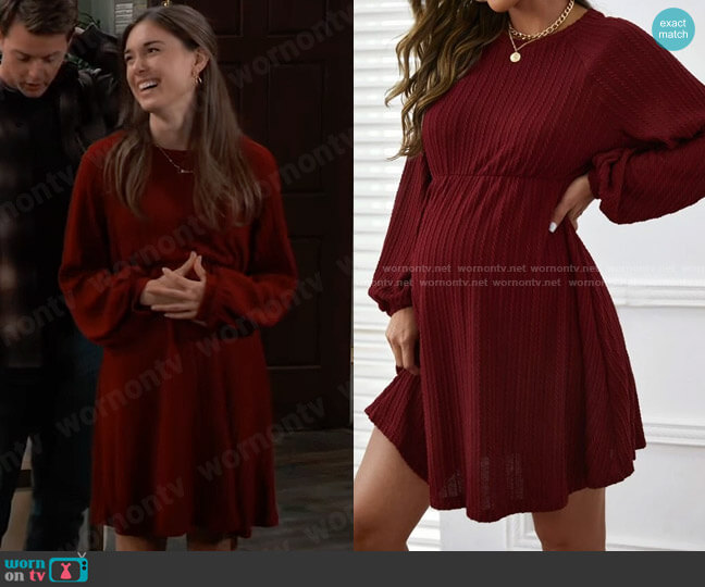 SHEIN Maternity Cable Textured Lantern Sleeve Dress worn by Willow Tait (Katelyn MacMullen) on General Hospital