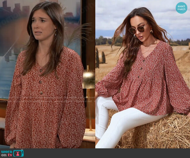 Shein Maternity Ditsy Floral Lantern Sleeve Peplum Blouse worn by Willow Tait (Katelyn MacMullen) on General Hospital