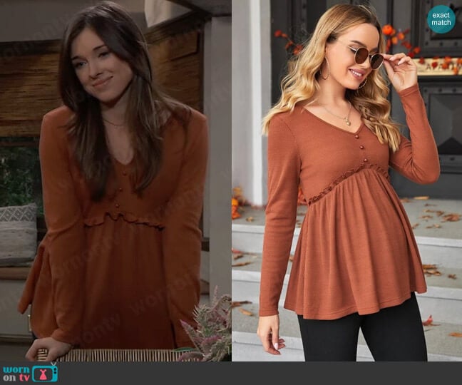 Shein Maternity Frill Trim Peplum Tee worn by Willow Tait (Katelyn MacMullen) on General Hospital