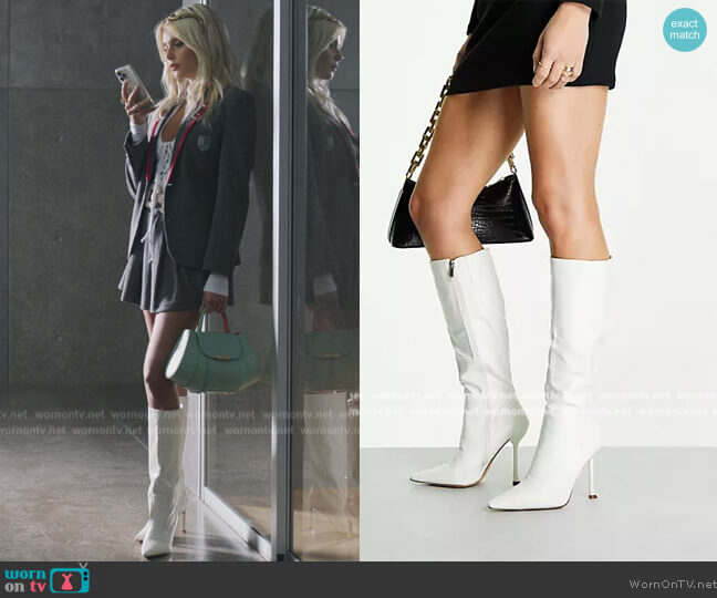 Stiletto heel knee boot in white croc by Simmi worn by Isadora Artinan (Valentina Zenere) on Elite