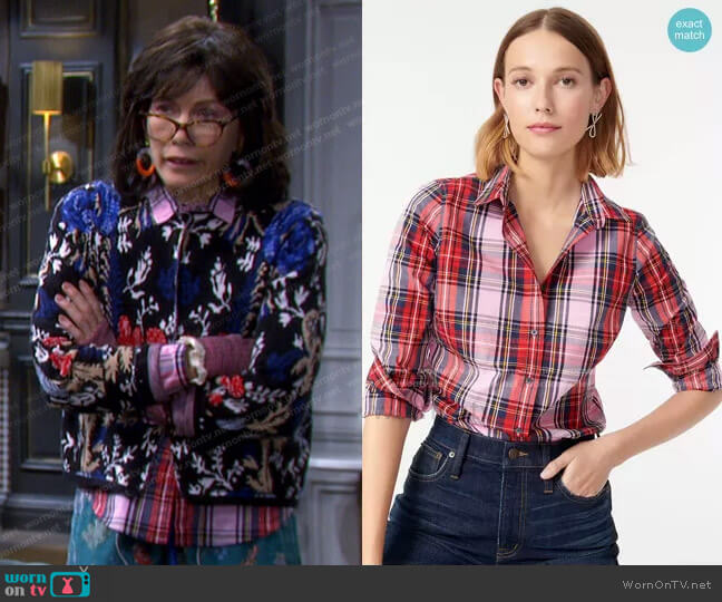 J. Crew Slim Stretch Perfect Shirt in Pink Stewart Tartan worn by Susan Banks (Stacy Haiduk) on Days of our Lives