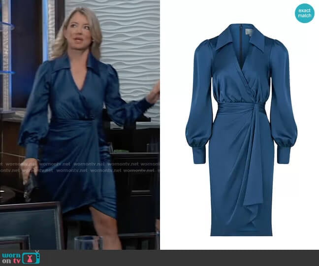 Theia Jodi Bishop Sleeve Faux-Wrap Shirtdress worn by Nina Reeves (Cynthia Watros) on General Hospital