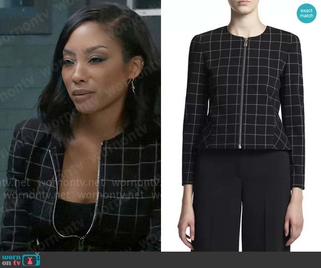 Theory Windowpane Check Cropped Peplum Jacket worn by Jordan Ashford (Tanisha Mariko Harper) on General Hospital