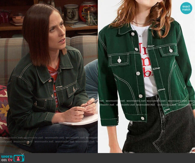 UNIF Woody Green Denim Jacket worn by Kimberly Finkle (Pauline Chalamet) on The Sex Lives of College Girls