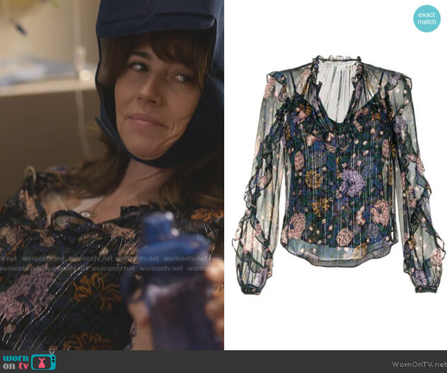 Veronica Beard Abra Lurex Floral Blouse worn by Judy Hale (Linda Cardellini) on Dead to Me